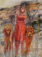 Lascaux region Red taffeta cocktail dress with matching french poodles