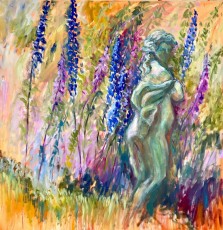 Delphiniums with Statue, 48" x 48", oil painting by Susan Falk