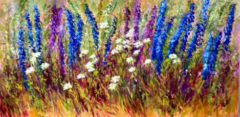 Wild Garden with Delphiniums, 4' x 8', oil painting by Susan Falk