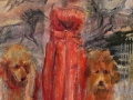 Lascaux region Red taffeta cocktail dress with matching french poodles 58 x 46 oil painting by Susan Falk