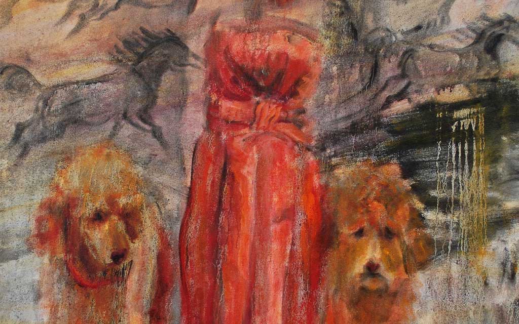 Lascaux region Red taffeta cocktail dress with matching french poodles 58 x 46 oil painting by Susan Falk